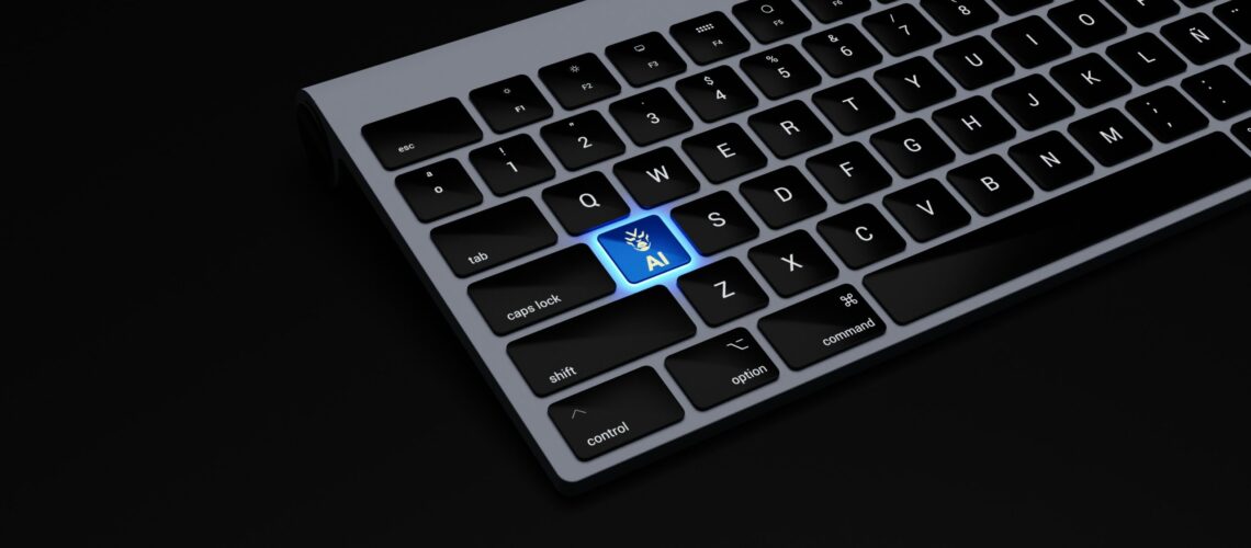 a black keyboard with a blue button on it